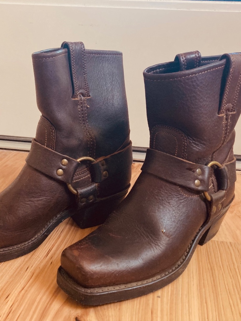 Dark Brown Leather Ankle Womens US 7 Frye Harness Moto Boots Square Toe - Picture 3 of 10
